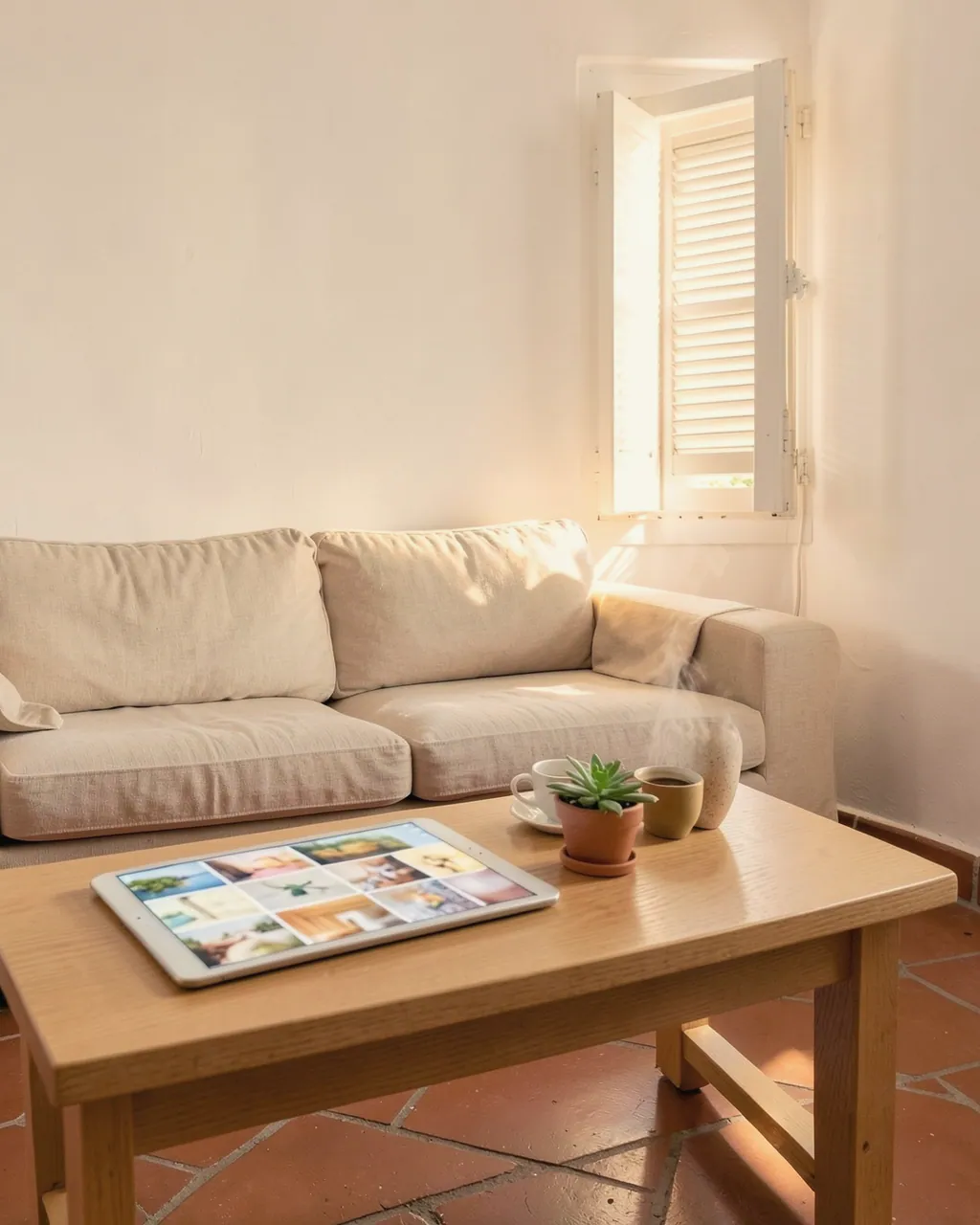 Imagen ilustrativa: salón luminoso con un sofá de lino y una tableta sobre la mesa de centro que muestra una cuadrícula de fotos de un anuncio