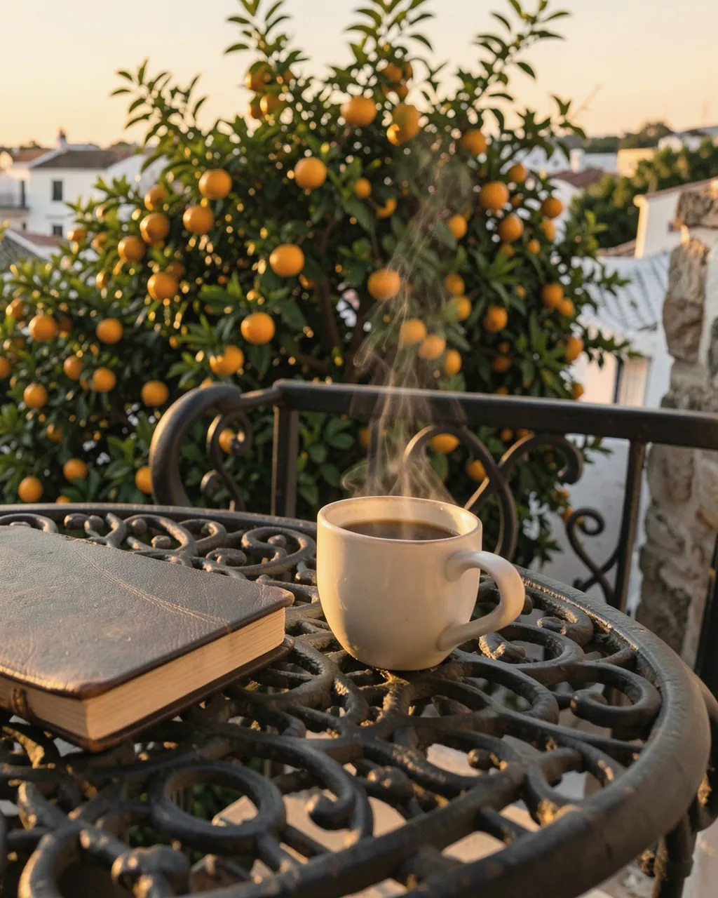 Illustrative image: wrought-iron balcony table with a notebook and a coffee, above the white rooftops and orange trees of Jerez at sunset