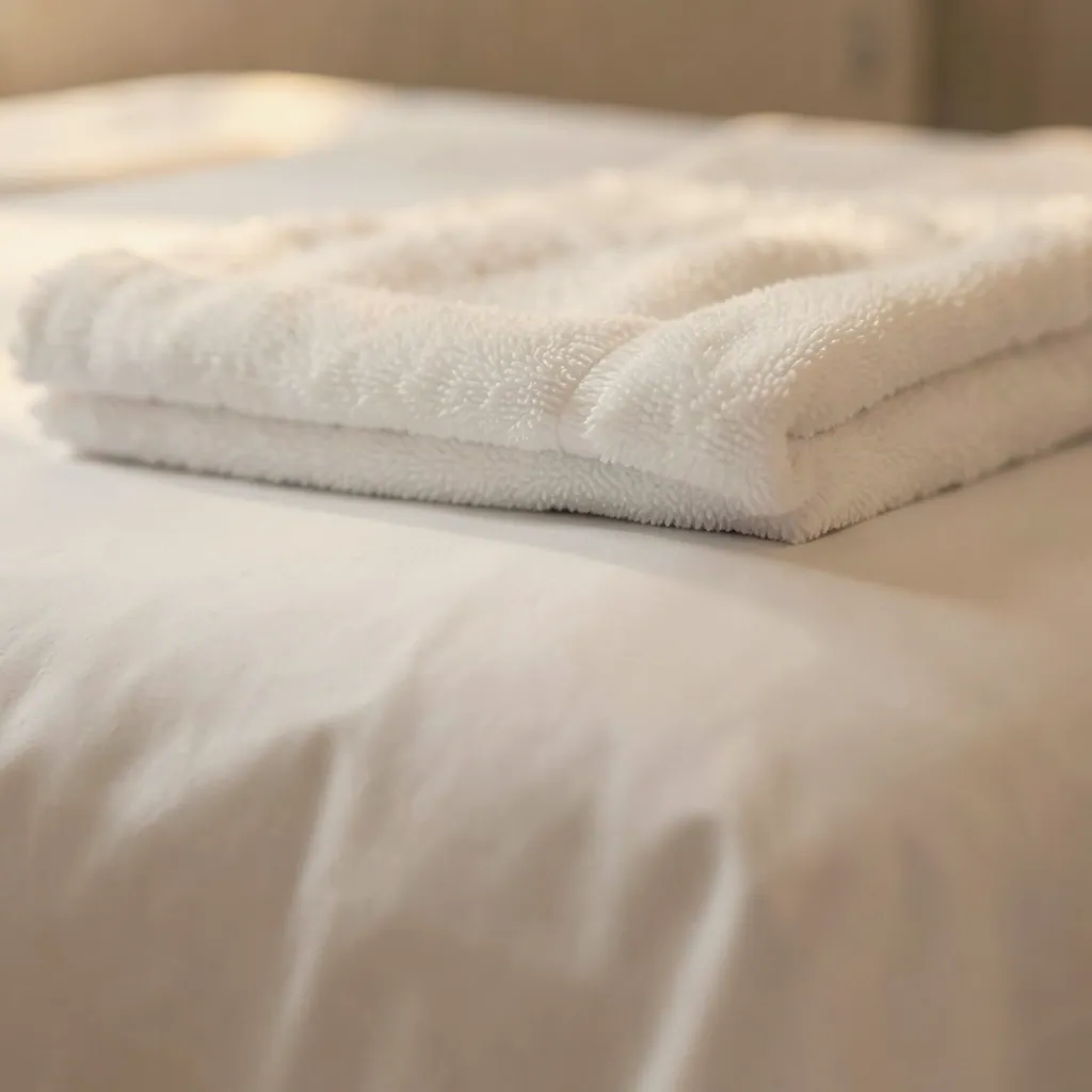 Cama: Ropa de cama blanca recién puesta con una toalla doblada encima