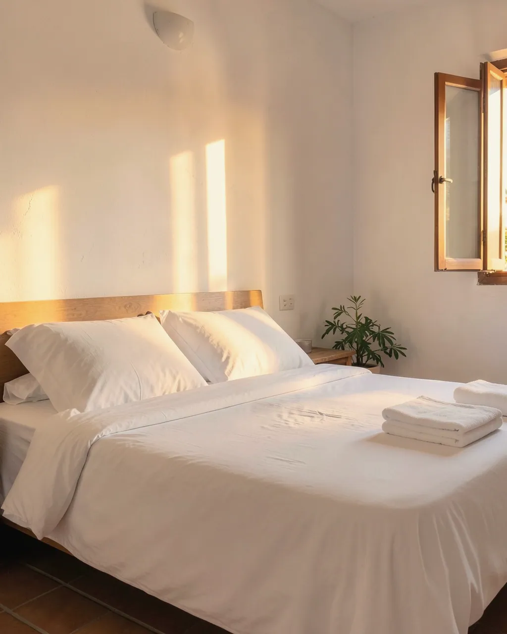Dormitorio preparado para los próximos huéspedes, con toallas dobladas sobre la cama