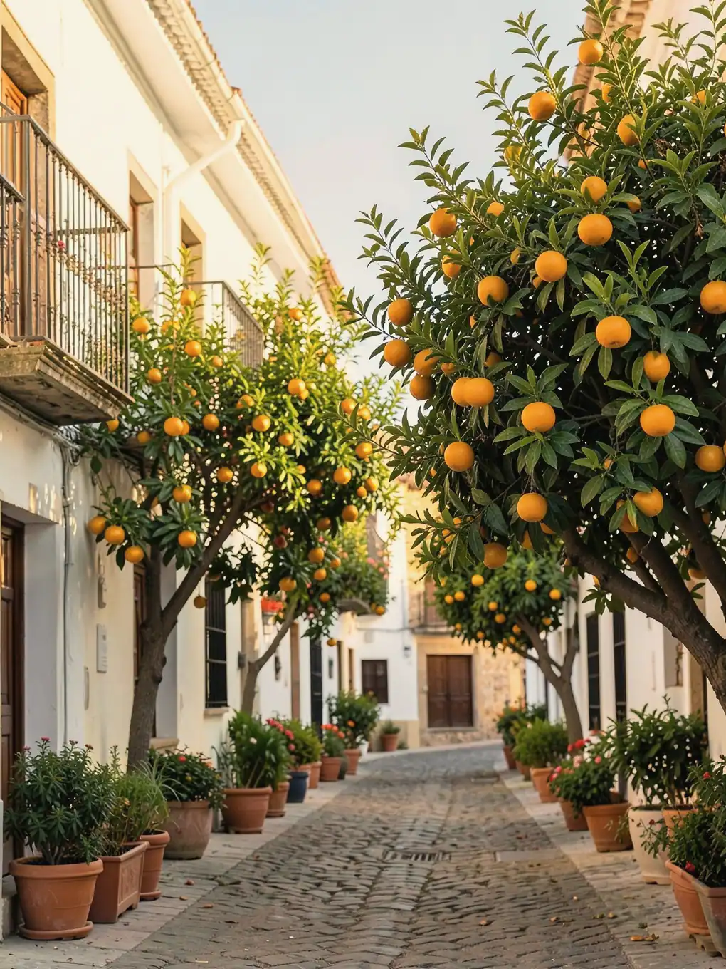 Imagen ilustrativa: calle encalada con naranjos, balcones de hierro y macetas