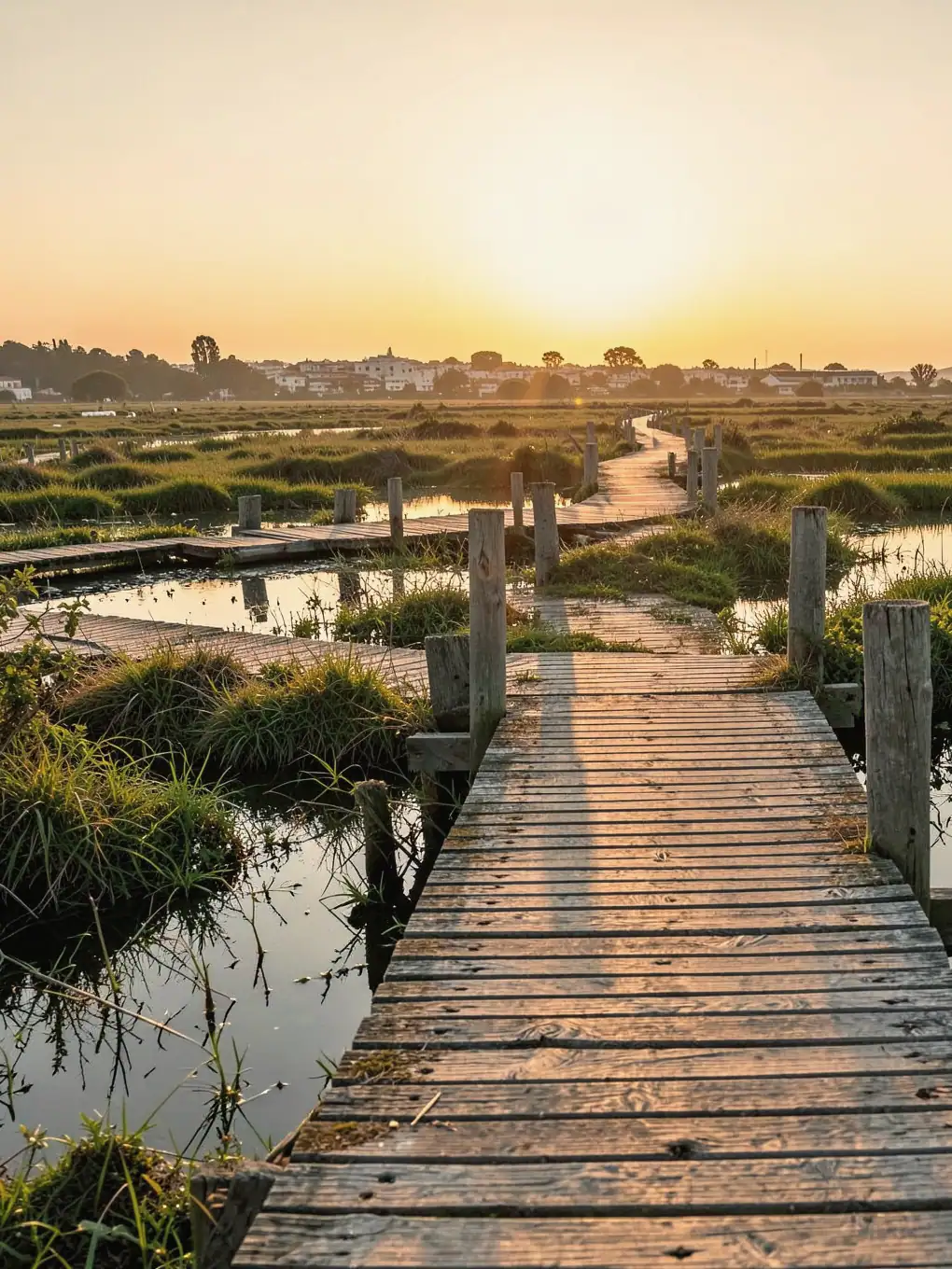 Imagen ilustrativa: pasarela de madera entre marismas al atardecer
