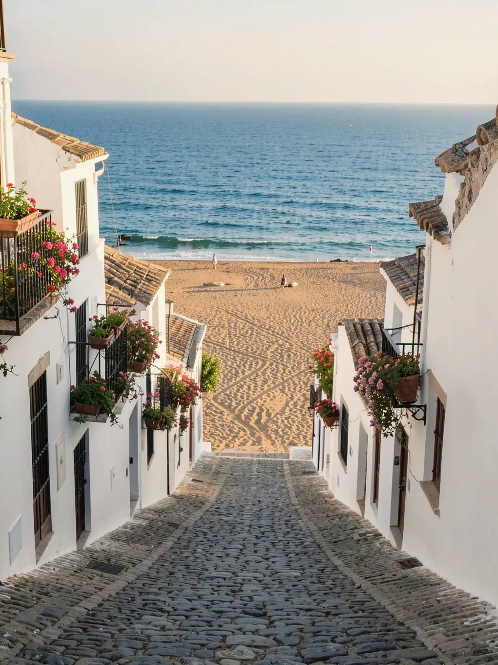 Imagen ilustrativa: calle blanca que baja hasta una playa de arena y el mar